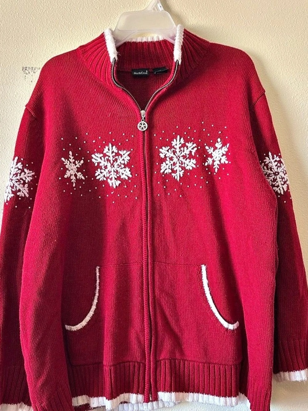 NorthCrest Snowflake Zip Cardigan Red & White Size 3X Like New